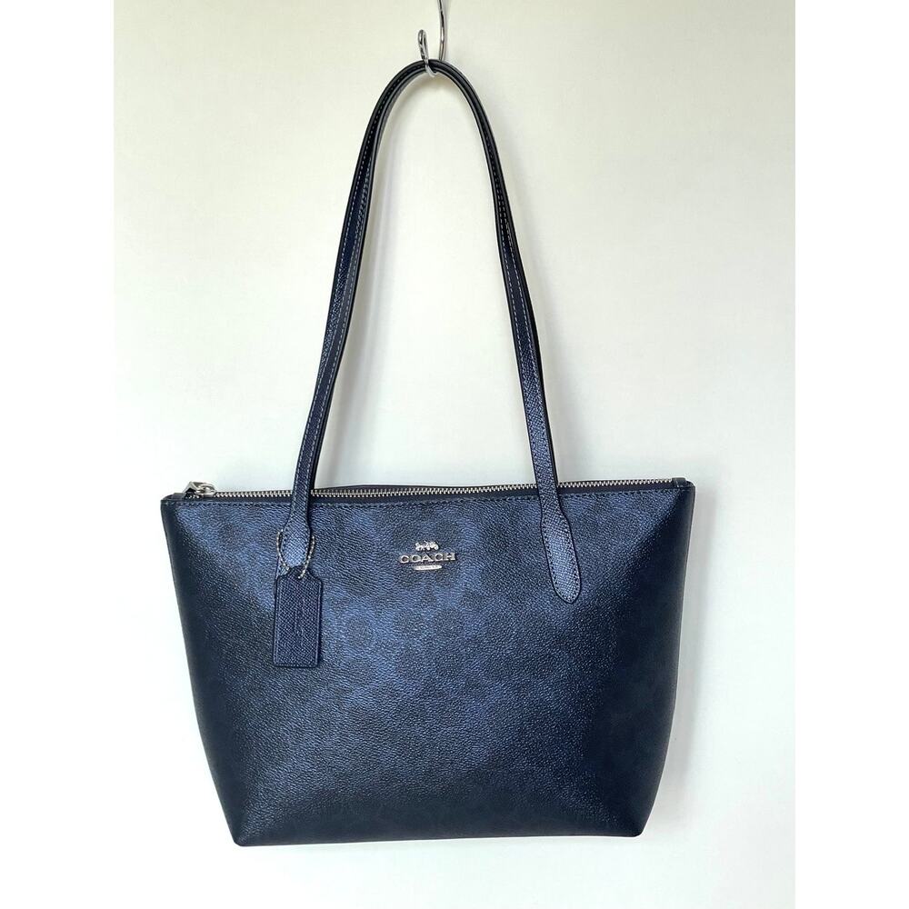 Coach Fiona Zip Tote CW396 Blue Pearlized Leather Canvas Medium - Picture 4 of 13